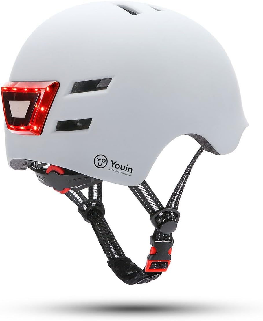 Casco Homologado con LED Frontal y Trasero – Color Blanco – Talla M (52-58cm)- Protección y Visibilidad para Patinetes y Bicicletas – Ventilación Ajustable – Diseño Ligero y Ergonómico