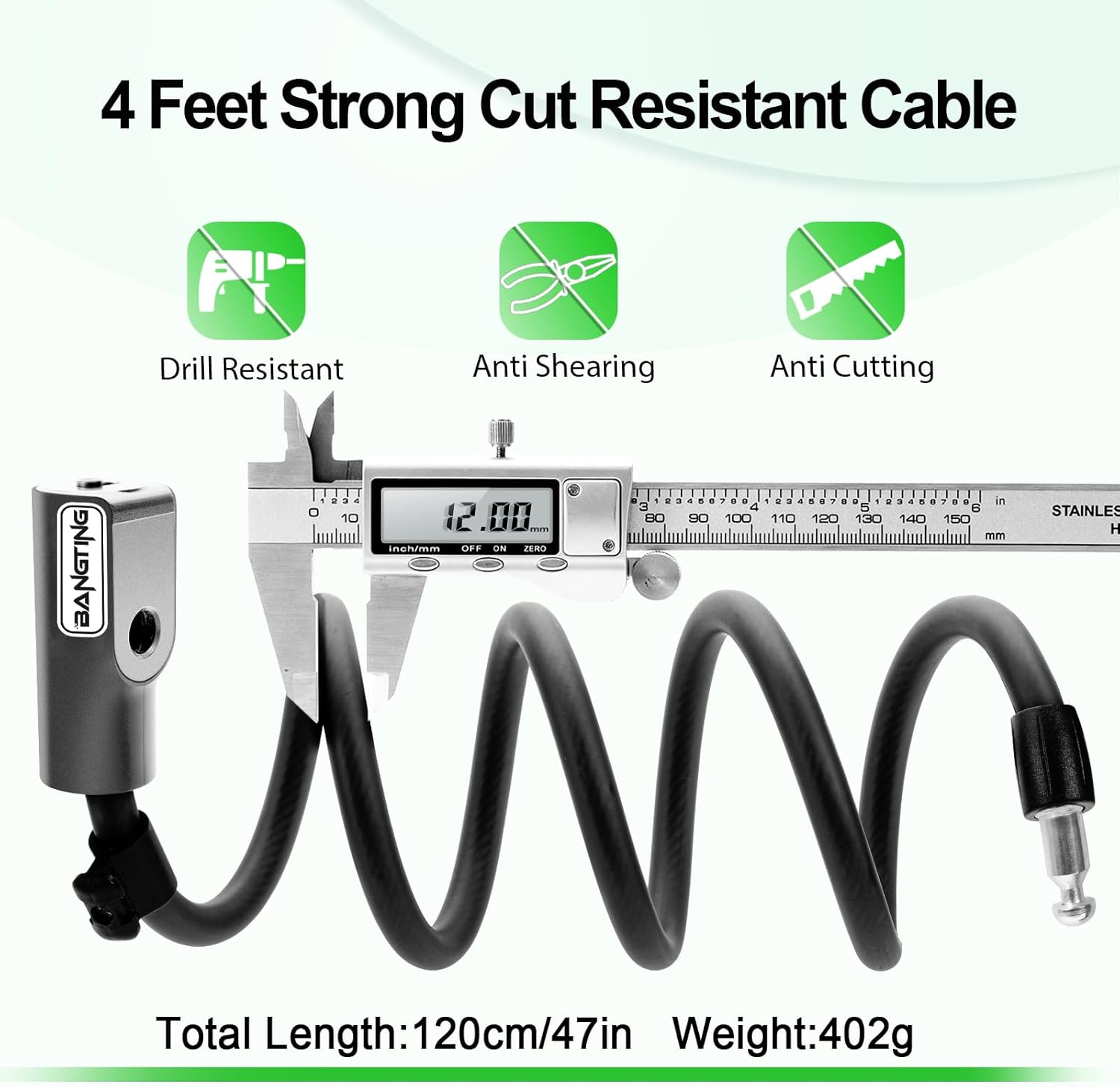 Candado antirrobo de cable 120 cm / 12 mm para bicicleta y patinete eléctrico