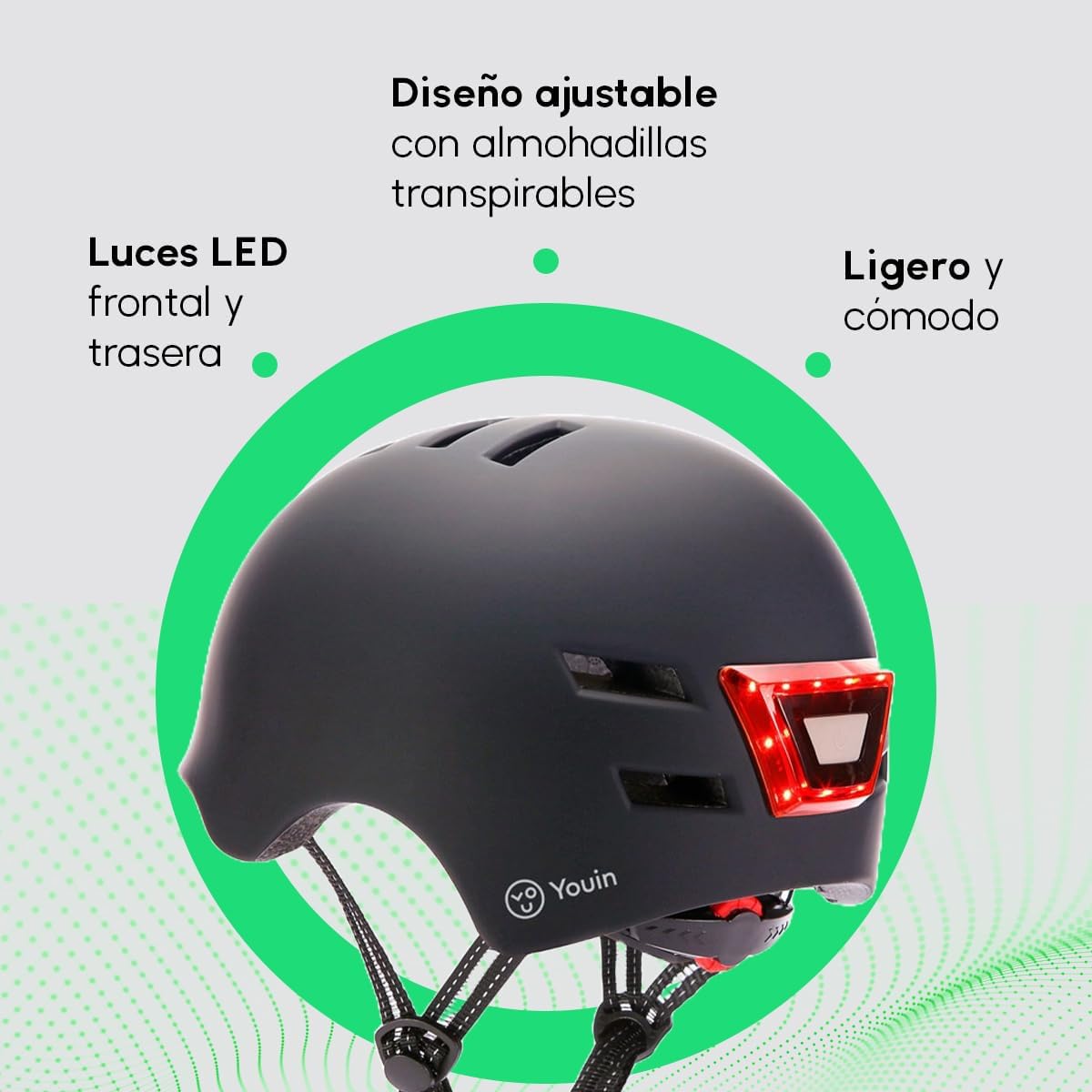 Casco Homologado con LED Frontal y Trasera – Color Negro – Talla M (52-58cm) – Protección y Visibilidad para Patinetes y Bicicletas – Diseño Ligero y Ergonómico