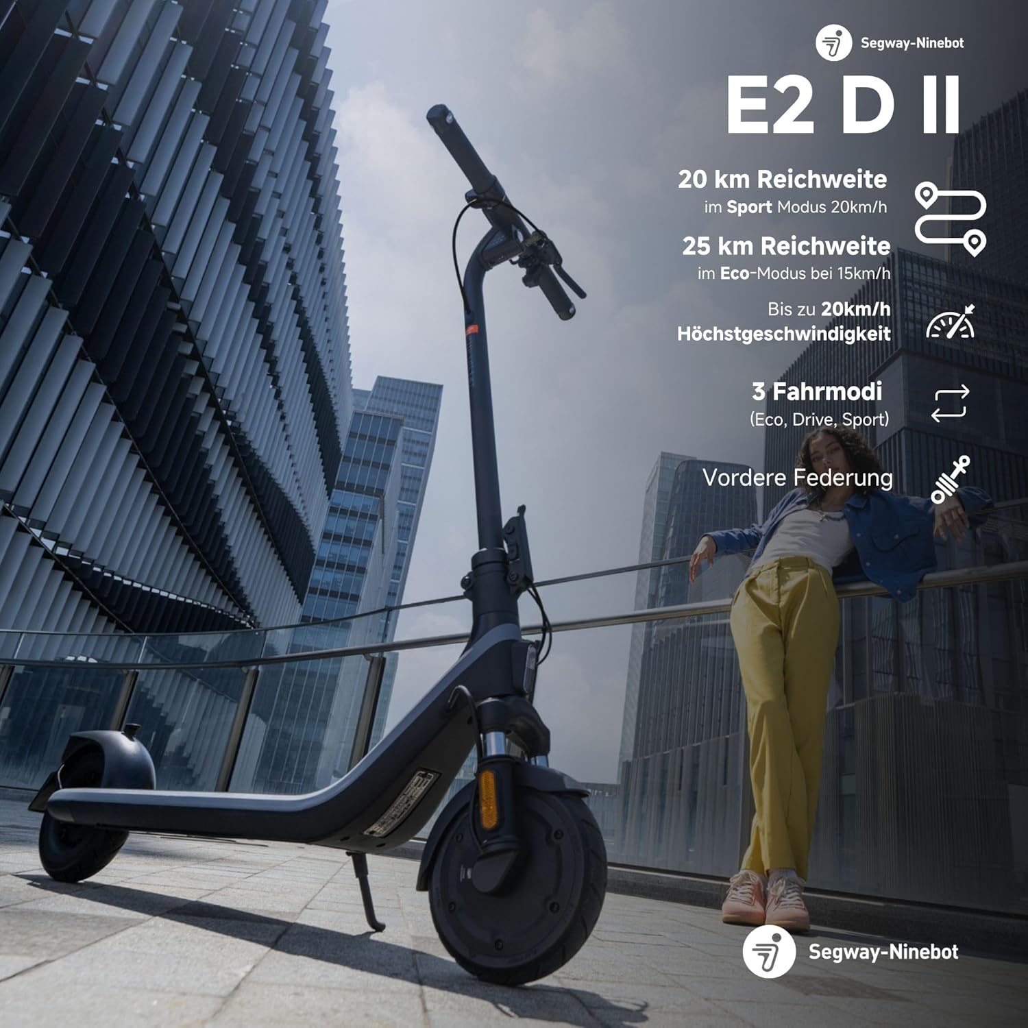 Ninebot E2 D II – E Roller con Permiso de circulación, Scooter e con suspensión e Intermitente, 20 km/h, 450 W de Potencia, Alcance de 25 km, Capacidad de Carga de 90 kg, Patinete eléctrico